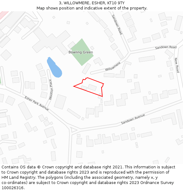 3, WILLOWMERE, ESHER, KT10 9TY: Location map and indicative extent of plot