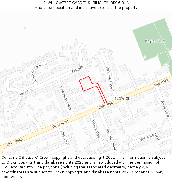 3, WILLOWTREE GARDENS, BINGLEY, BD16 3HN: Location map and indicative extent of plot