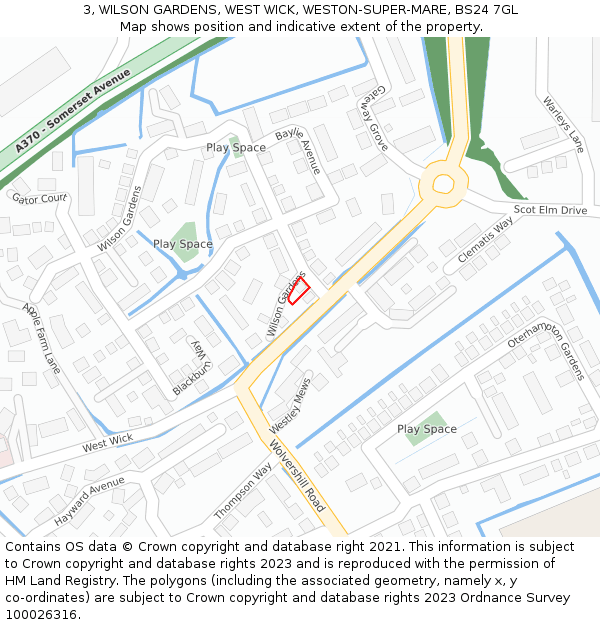 3, WILSON GARDENS, WEST WICK, WESTON-SUPER-MARE, BS24 7GL: Location map and indicative extent of plot
