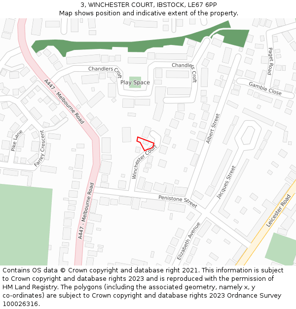 3, WINCHESTER COURT, IBSTOCK, LE67 6PP: Location map and indicative extent of plot