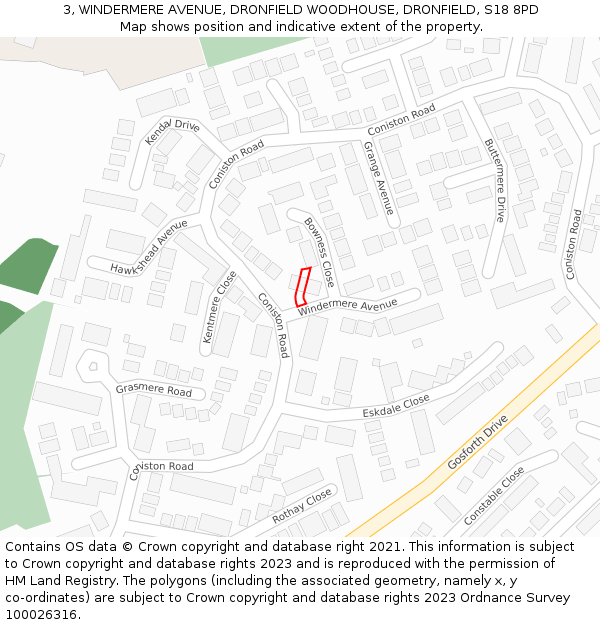 3, WINDERMERE AVENUE, DRONFIELD WOODHOUSE, DRONFIELD, S18 8PD: Location map and indicative extent of plot