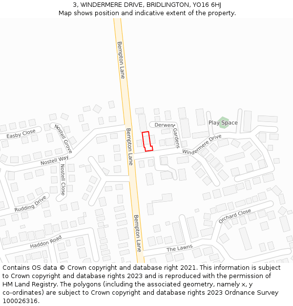 3, WINDERMERE DRIVE, BRIDLINGTON, YO16 6HJ: Location map and indicative extent of plot