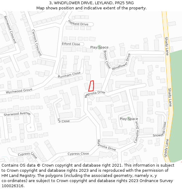 3, WINDFLOWER DRIVE, LEYLAND, PR25 5RG: Location map and indicative extent of plot