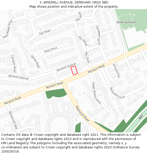 3, WINDMILL AVENUE, DEREHAM, NR20 3BD: Location map and indicative extent of plot