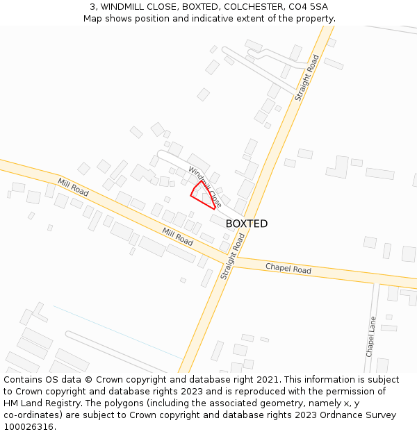 3, WINDMILL CLOSE, BOXTED, COLCHESTER, CO4 5SA: Location map and indicative extent of plot