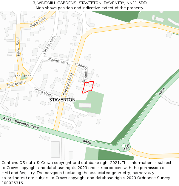 3, WINDMILL GARDENS, STAVERTON, DAVENTRY, NN11 6DD: Location map and indicative extent of plot