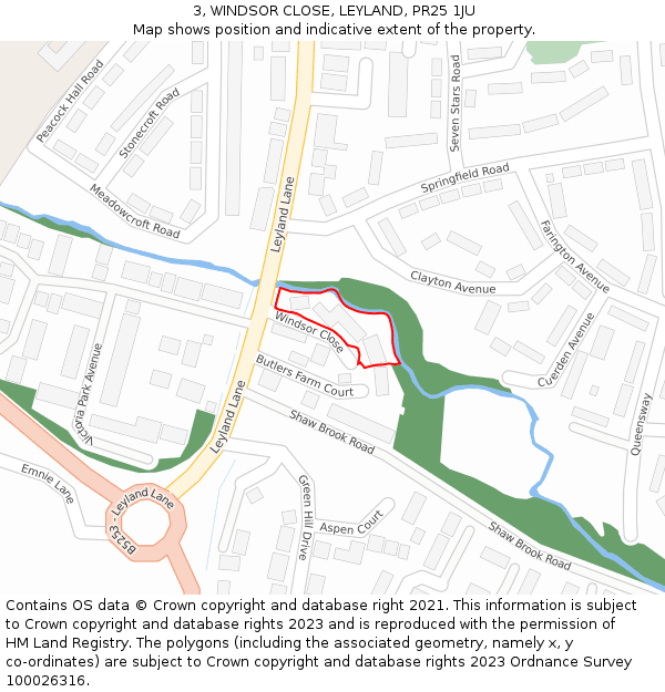 3, WINDSOR CLOSE, LEYLAND, PR25 1JU: Location map and indicative extent of plot