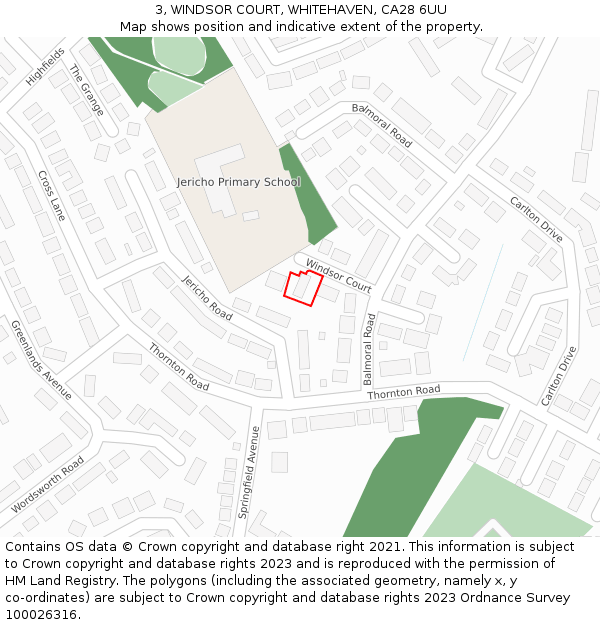 3, WINDSOR COURT, WHITEHAVEN, CA28 6UU: Location map and indicative extent of plot