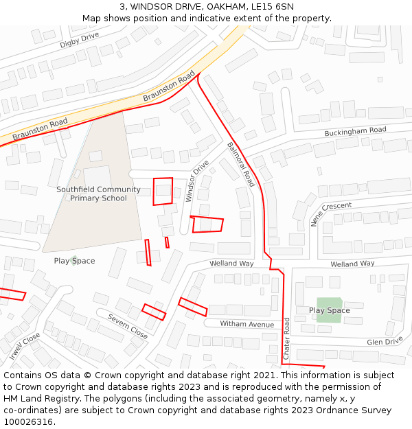 3, WINDSOR DRIVE, OAKHAM, LE15 6SN: Location map and indicative extent of plot