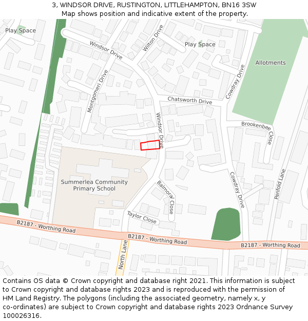 3, WINDSOR DRIVE, RUSTINGTON, LITTLEHAMPTON, BN16 3SW: Location map and indicative extent of plot