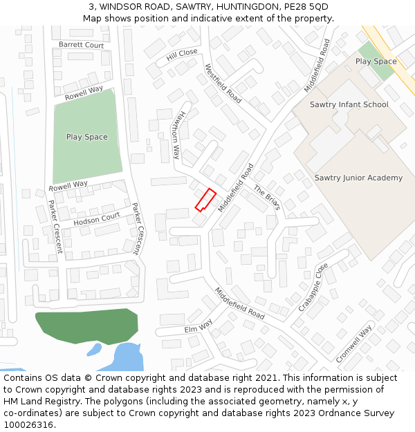 3, WINDSOR ROAD, SAWTRY, HUNTINGDON, PE28 5QD: Location map and indicative extent of plot