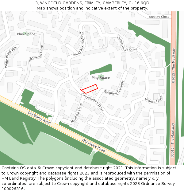 3, WINGFIELD GARDENS, FRIMLEY, CAMBERLEY, GU16 9QD: Location map and indicative extent of plot
