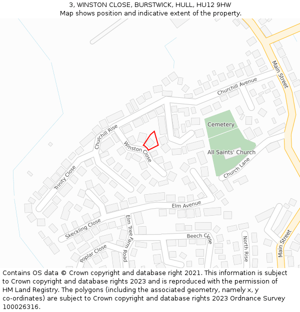 3, WINSTON CLOSE, BURSTWICK, HULL, HU12 9HW: Location map and indicative extent of plot