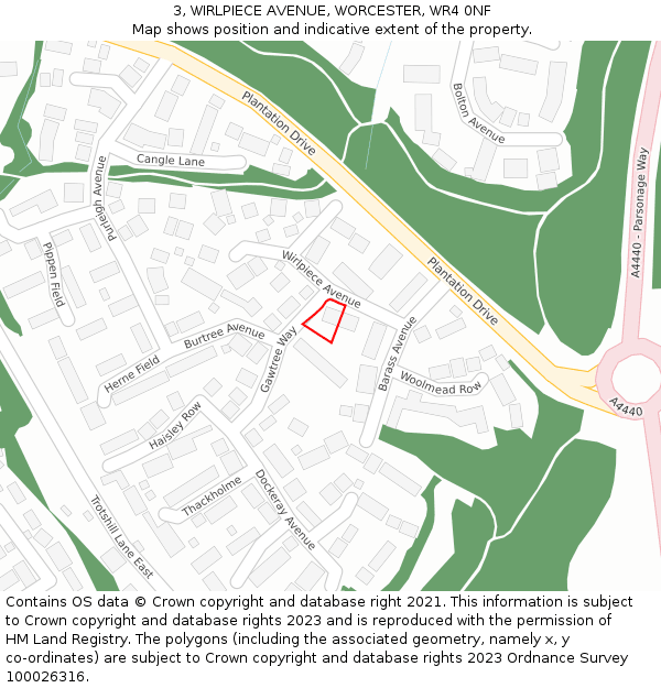 3, WIRLPIECE AVENUE, WORCESTER, WR4 0NF: Location map and indicative extent of plot