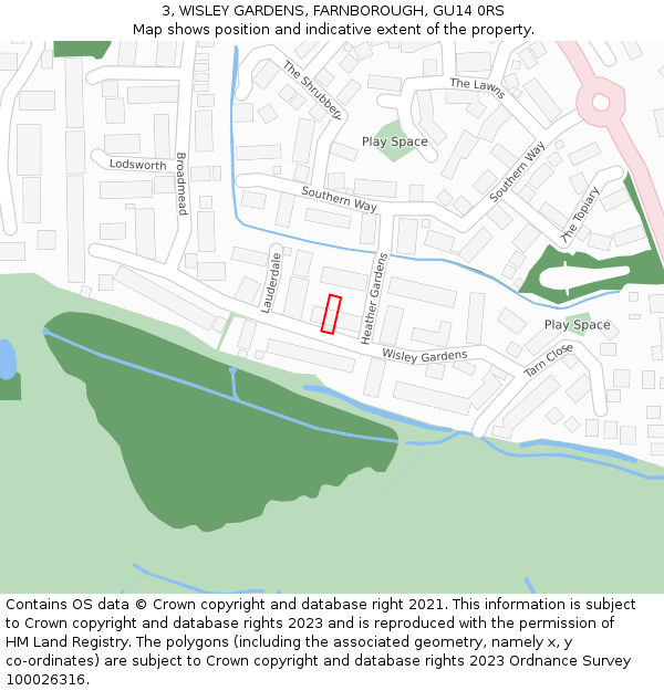 3, WISLEY GARDENS, FARNBOROUGH, GU14 0RS: Location map and indicative extent of plot