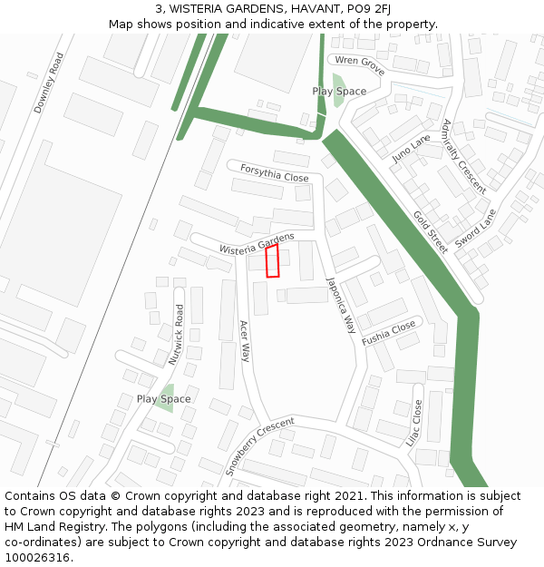 3, WISTERIA GARDENS, HAVANT, PO9 2FJ: Location map and indicative extent of plot