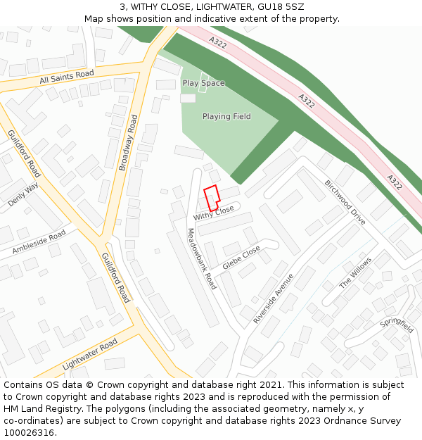 3, WITHY CLOSE, LIGHTWATER, GU18 5SZ: Location map and indicative extent of plot