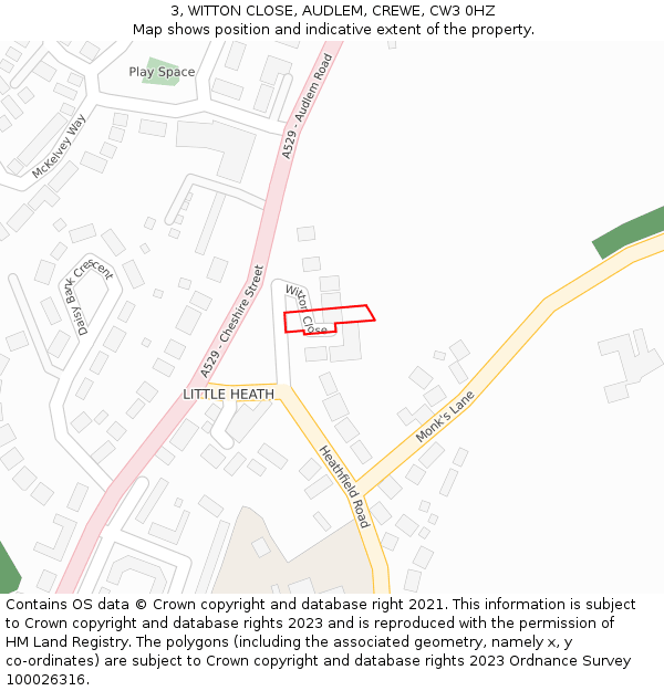 3, WITTON CLOSE, AUDLEM, CREWE, CW3 0HZ: Location map and indicative extent of plot