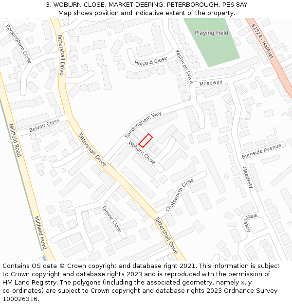 3, WOBURN CLOSE, MARKET DEEPING, PETERBOROUGH, PE6 8AY: Location map and indicative extent of plot
