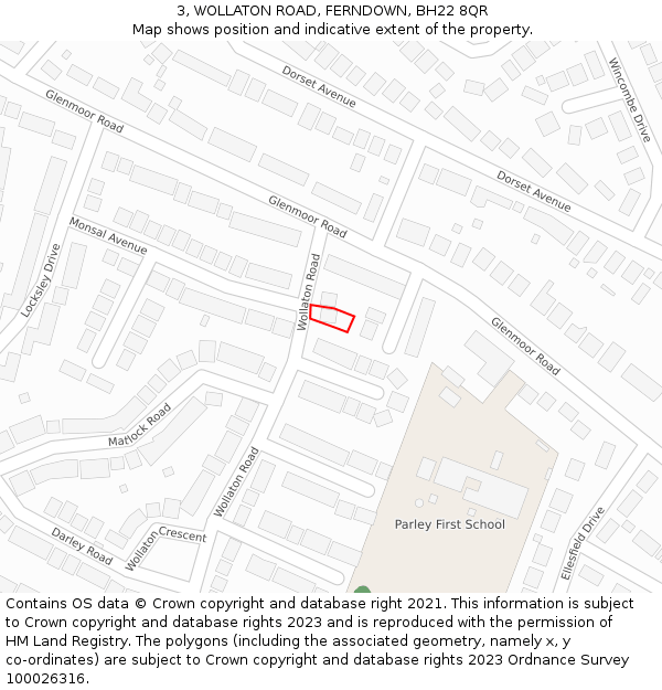 3, WOLLATON ROAD, FERNDOWN, BH22 8QR: Location map and indicative extent of plot