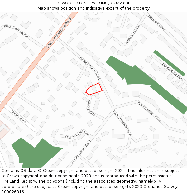 3, WOOD RIDING, WOKING, GU22 8RH: Location map and indicative extent of plot