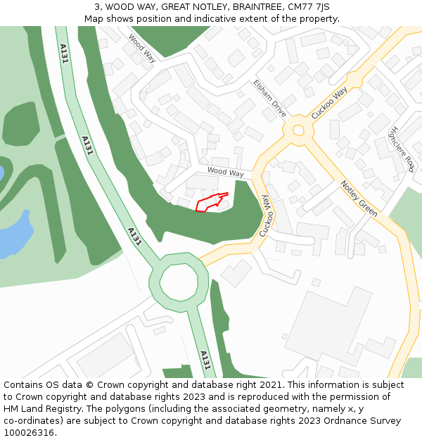 3, WOOD WAY, GREAT NOTLEY, BRAINTREE, CM77 7JS: Location map and indicative extent of plot