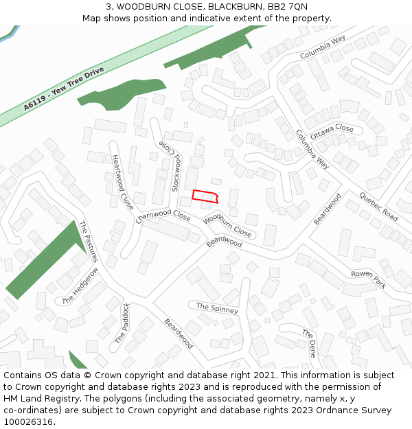 3, WOODBURN CLOSE, BLACKBURN, BB2 7QN: Location map and indicative extent of plot