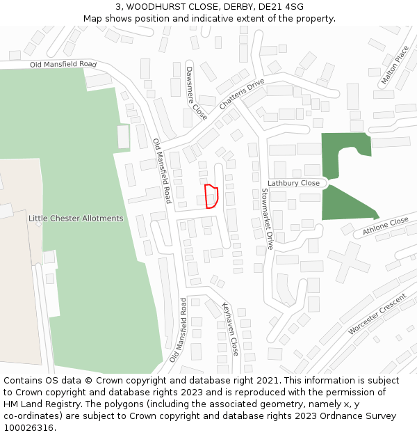 3, WOODHURST CLOSE, DERBY, DE21 4SG: Location map and indicative extent of plot