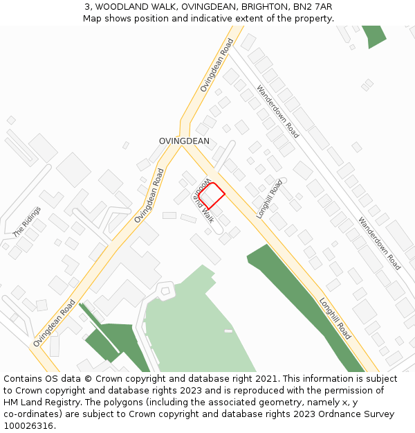 3, WOODLAND WALK, OVINGDEAN, BRIGHTON, BN2 7AR: Location map and indicative extent of plot