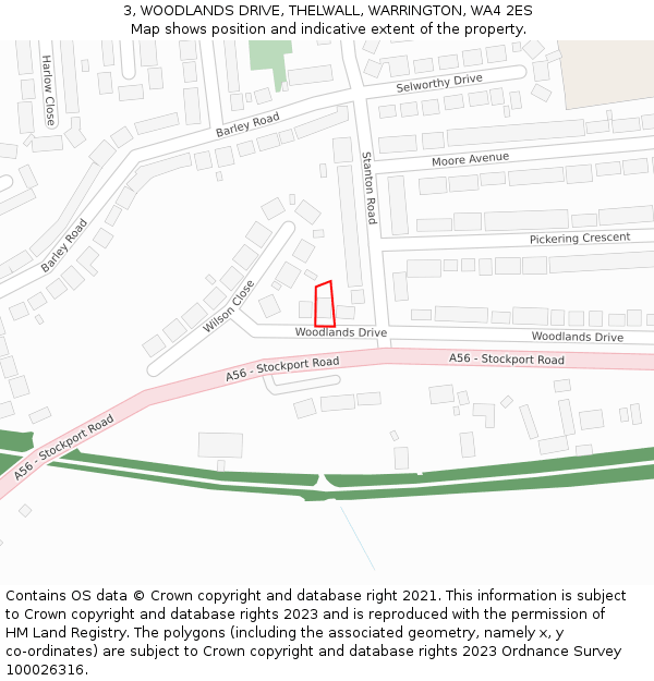 3, WOODLANDS DRIVE, THELWALL, WARRINGTON, WA4 2ES: Location map and indicative extent of plot