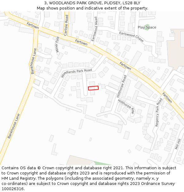 3, WOODLANDS PARK GROVE, PUDSEY, LS28 8LY: Location map and indicative extent of plot