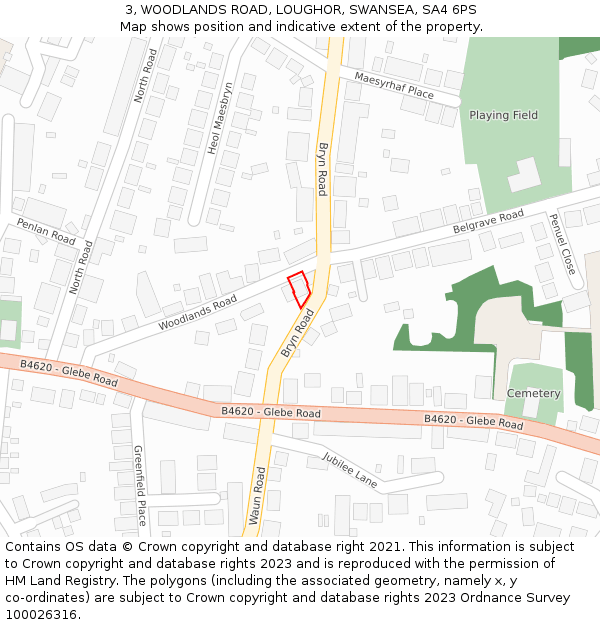 3, WOODLANDS ROAD, LOUGHOR, SWANSEA, SA4 6PS: Location map and indicative extent of plot
