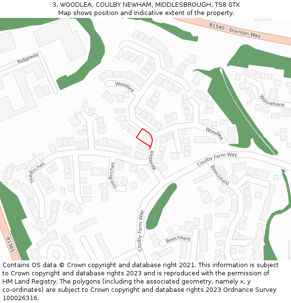 3, WOODLEA, COULBY NEWHAM, MIDDLESBROUGH, TS8 0TX: Location map and indicative extent of plot