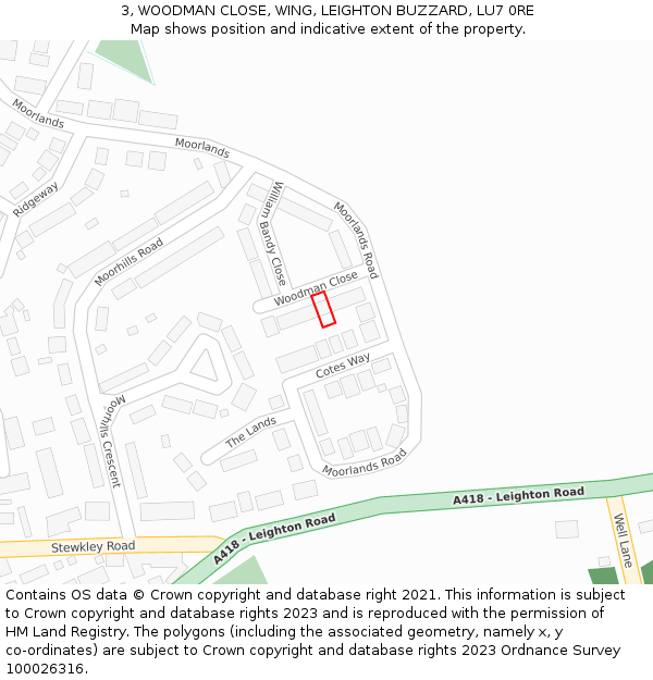 3, WOODMAN CLOSE, WING, LEIGHTON BUZZARD, LU7 0RE: Location map and indicative extent of plot