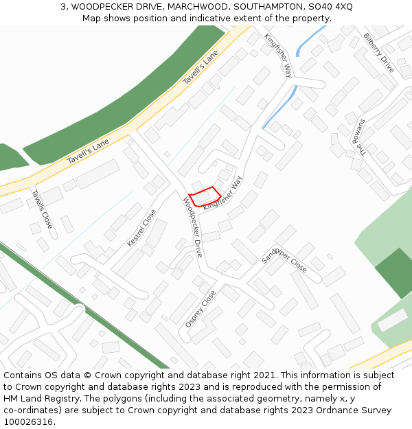 3, WOODPECKER DRIVE, MARCHWOOD, SOUTHAMPTON, SO40 4XQ: Location map and indicative extent of plot