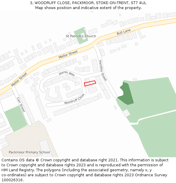 3, WOODRUFF CLOSE, PACKMOOR, STOKE-ON-TRENT, ST7 4UL: Location map and indicative extent of plot