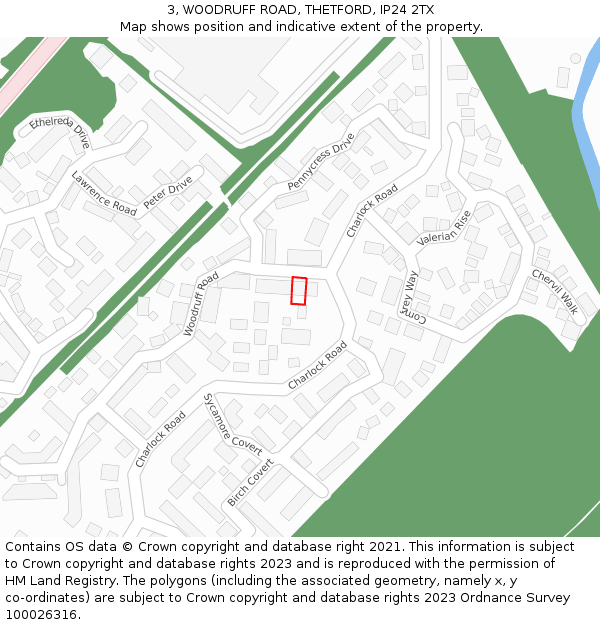 3, WOODRUFF ROAD, THETFORD, IP24 2TX: Location map and indicative extent of plot