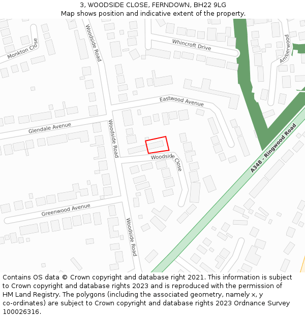 3, WOODSIDE CLOSE, FERNDOWN, BH22 9LG: Location map and indicative extent of plot