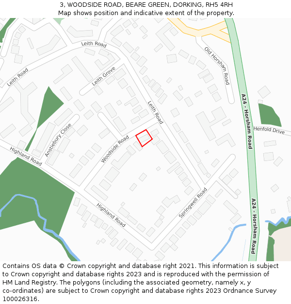 3, WOODSIDE ROAD, BEARE GREEN, DORKING, RH5 4RH: Location map and indicative extent of plot