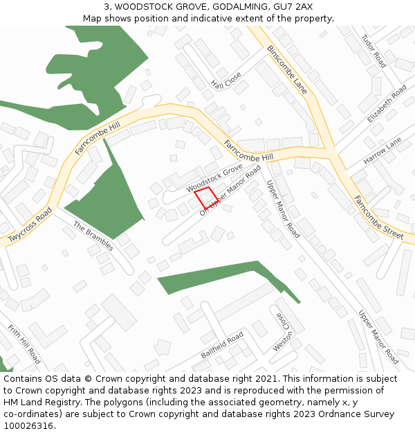 3, WOODSTOCK GROVE, GODALMING, GU7 2AX: Location map and indicative extent of plot