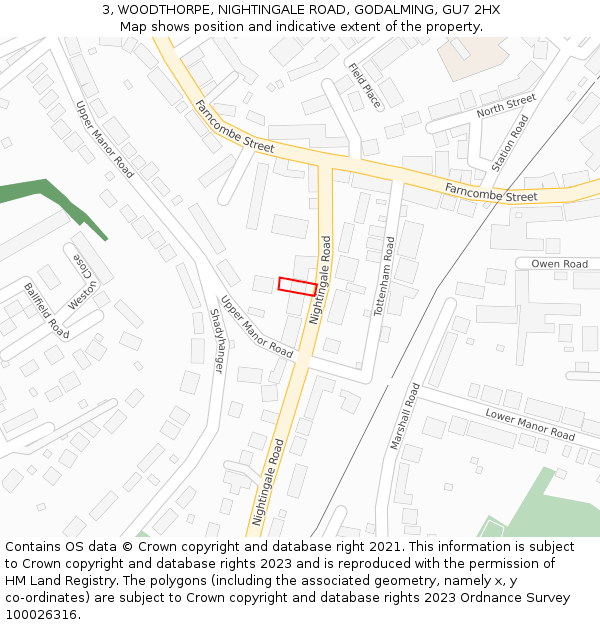 3, WOODTHORPE, NIGHTINGALE ROAD, GODALMING, GU7 2HX: Location map and indicative extent of plot