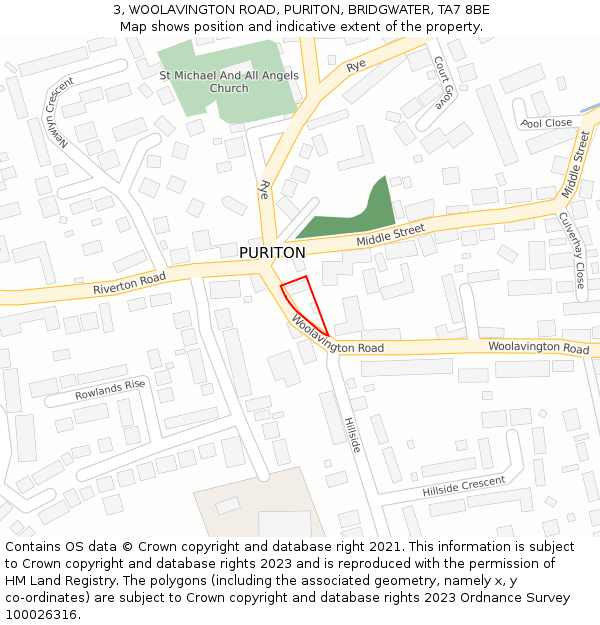 3, WOOLAVINGTON ROAD, PURITON, BRIDGWATER, TA7 8BE: Location map and indicative extent of plot