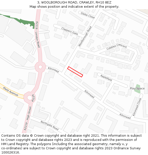 3, WOOLBOROUGH ROAD, CRAWLEY, RH10 8EZ: Location map and indicative extent of plot