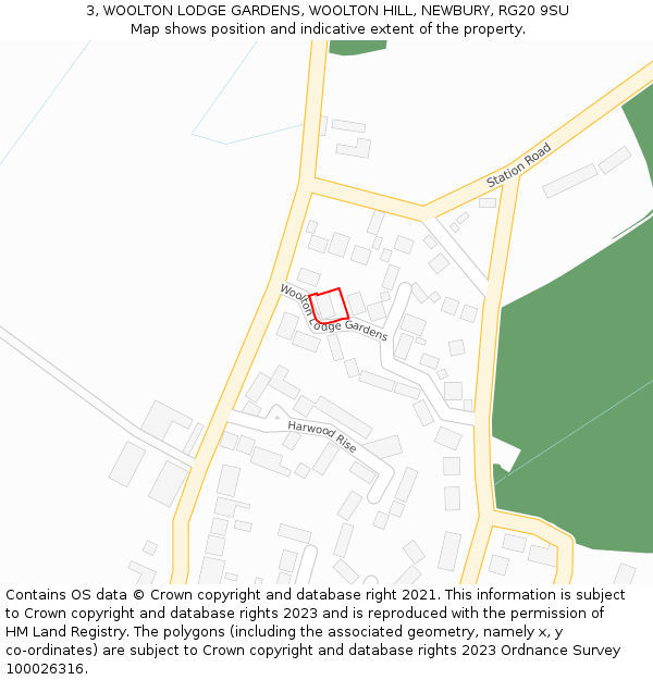 3, WOOLTON LODGE GARDENS, WOOLTON HILL, NEWBURY, RG20 9SU: Location map and indicative extent of plot