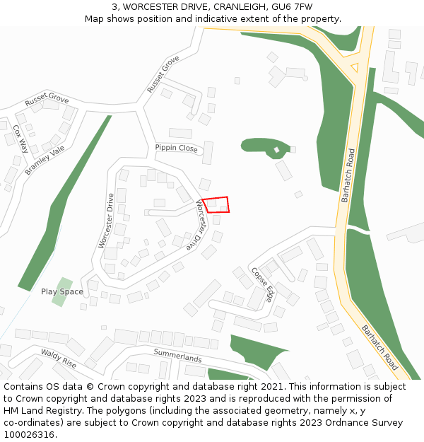 3, WORCESTER DRIVE, CRANLEIGH, GU6 7FW: Location map and indicative extent of plot