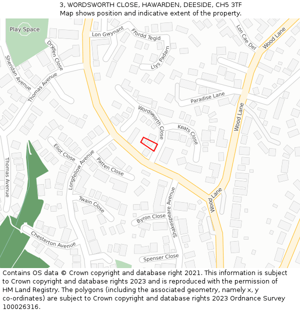 3, WORDSWORTH CLOSE, HAWARDEN, DEESIDE, CH5 3TF: Location map and indicative extent of plot