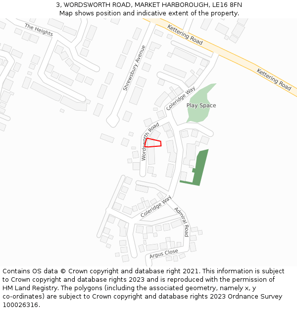 3, WORDSWORTH ROAD, MARKET HARBOROUGH, LE16 8FN: Location map and indicative extent of plot