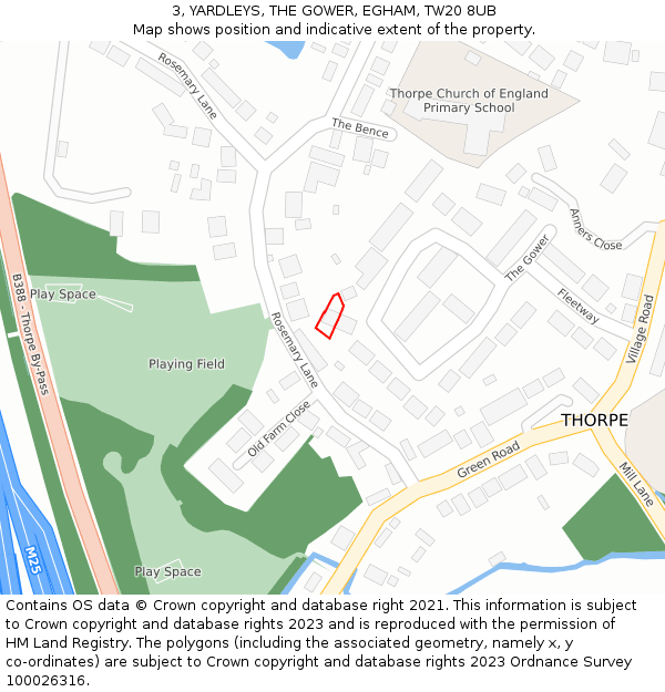 3, YARDLEYS, THE GOWER, EGHAM, TW20 8UB: Location map and indicative extent of plot