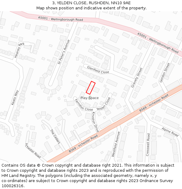 3, YELDEN CLOSE, RUSHDEN, NN10 9AE: Location map and indicative extent of plot