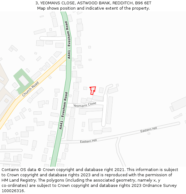 3, YEOMANS CLOSE, ASTWOOD BANK, REDDITCH, B96 6ET: Location map and indicative extent of plot